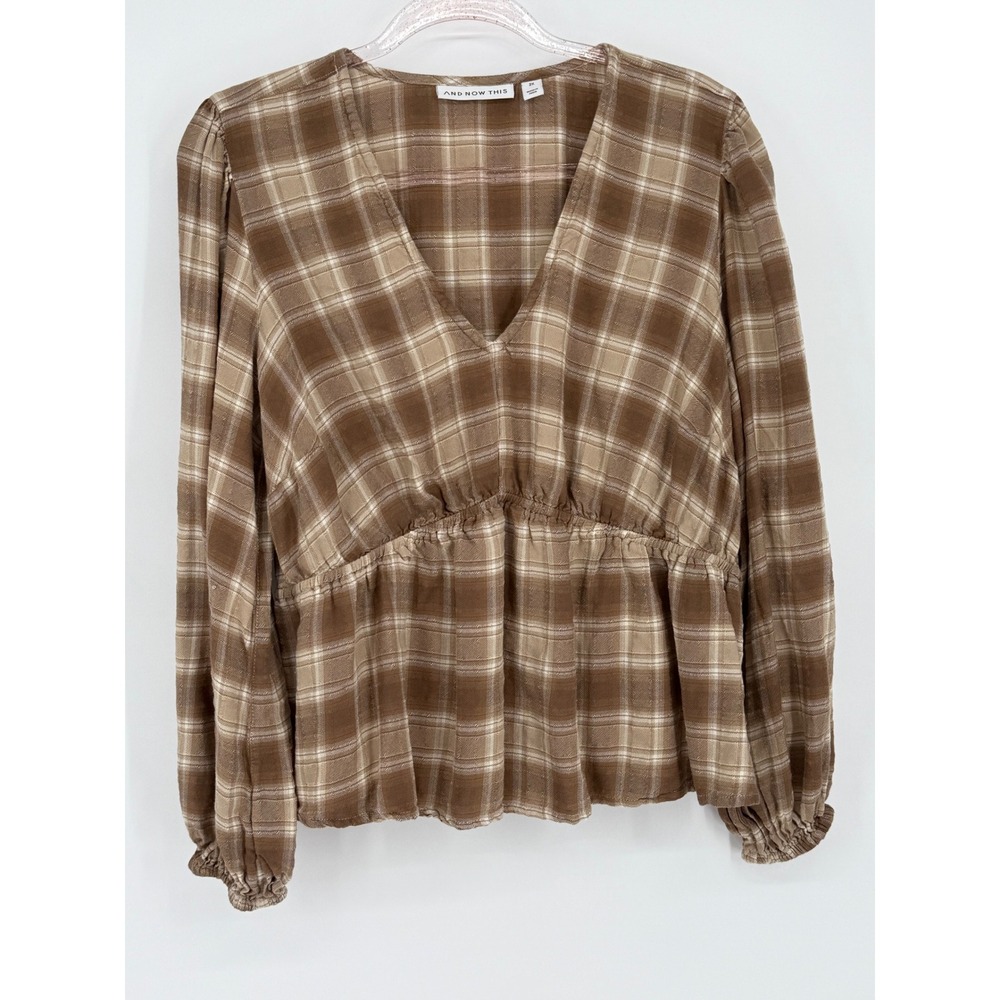 Brown Plaid Peplum Blouse V-Neck Long Sleeve Top AND NOW THIS Women's Sz‎ 2X